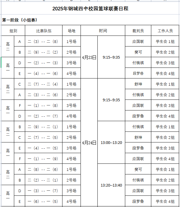 篮球赛日程安排